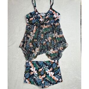 Finwanlo Womens XL Tropical Floral Tankini Set Mesh Handkerchief Top‎ Boy Shorts